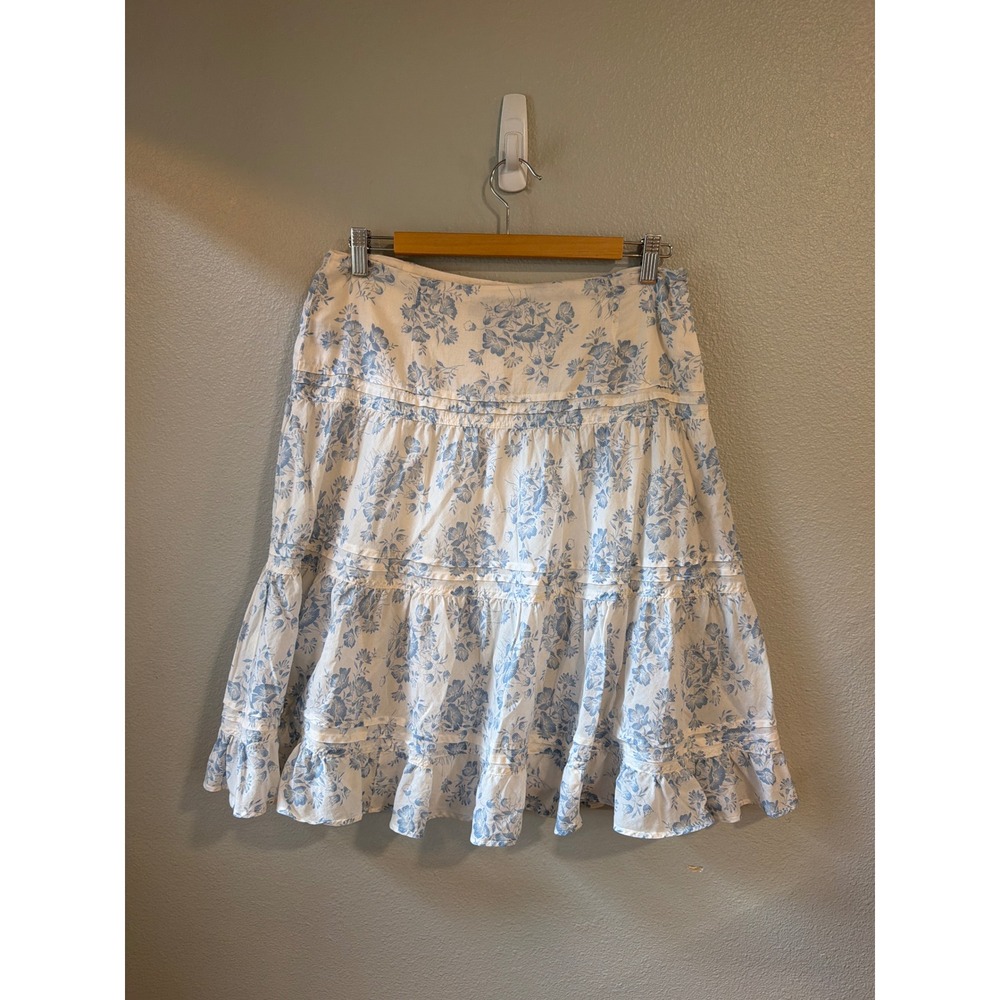 Chaps Denim Floral Toile Tiered Ruffle Skirt Womens 6 Blue White Cottagecore